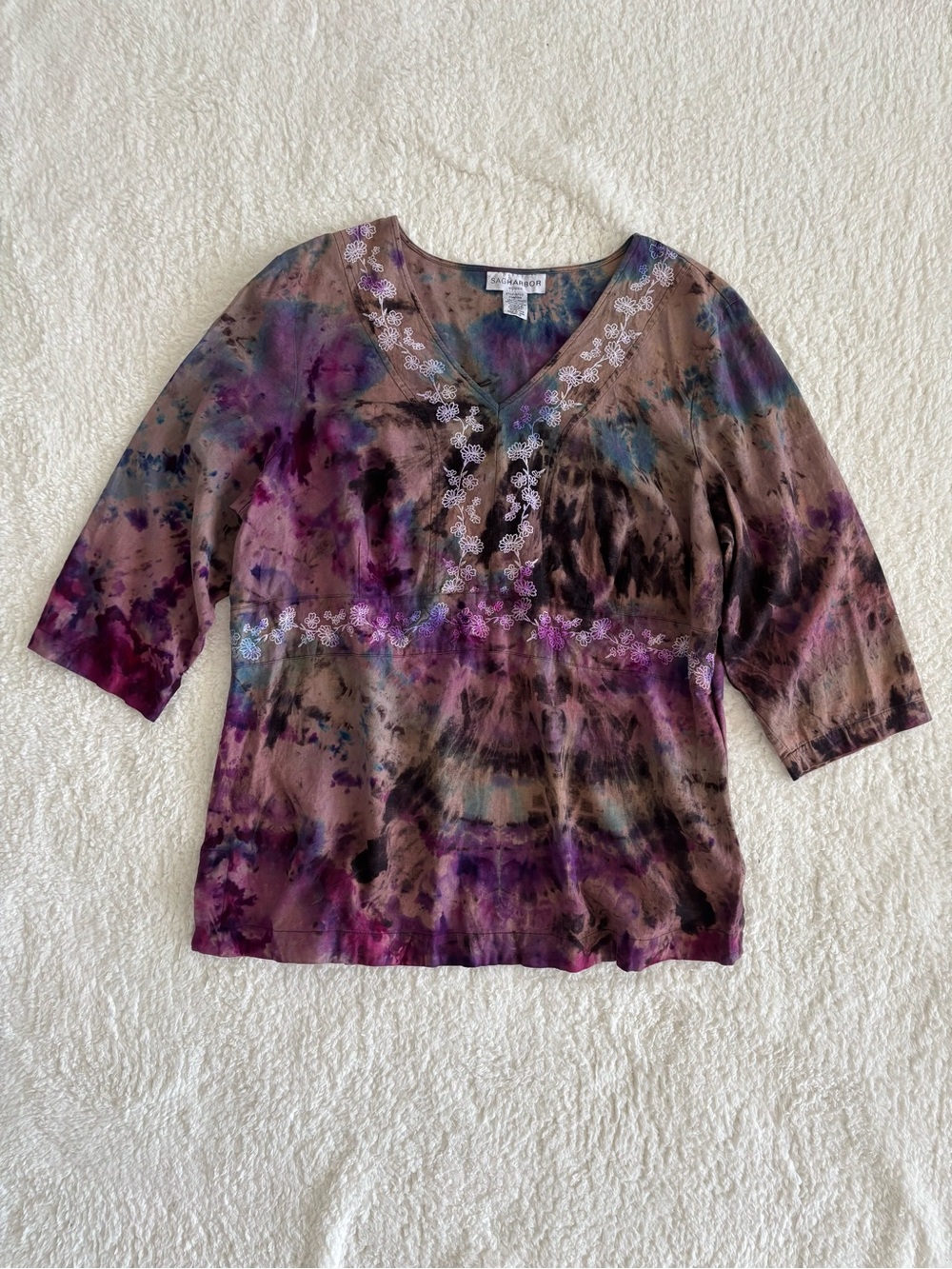 Sag Harbor Woman Tie-Dye Linen Top Floral Embroidered V-Neck 3/4 Sleeve Sz 1XL